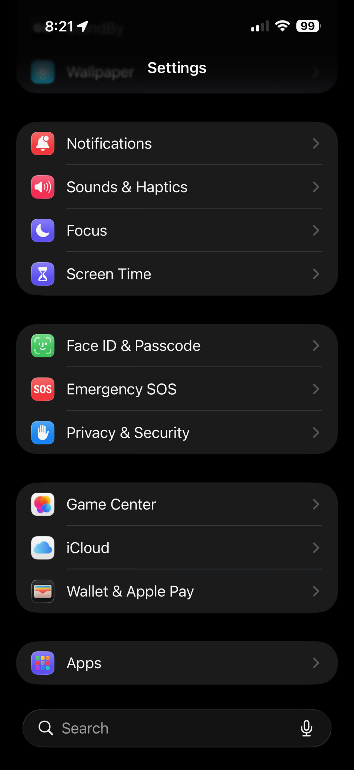 iPhone Settings screen showing the Apps option near the bottom