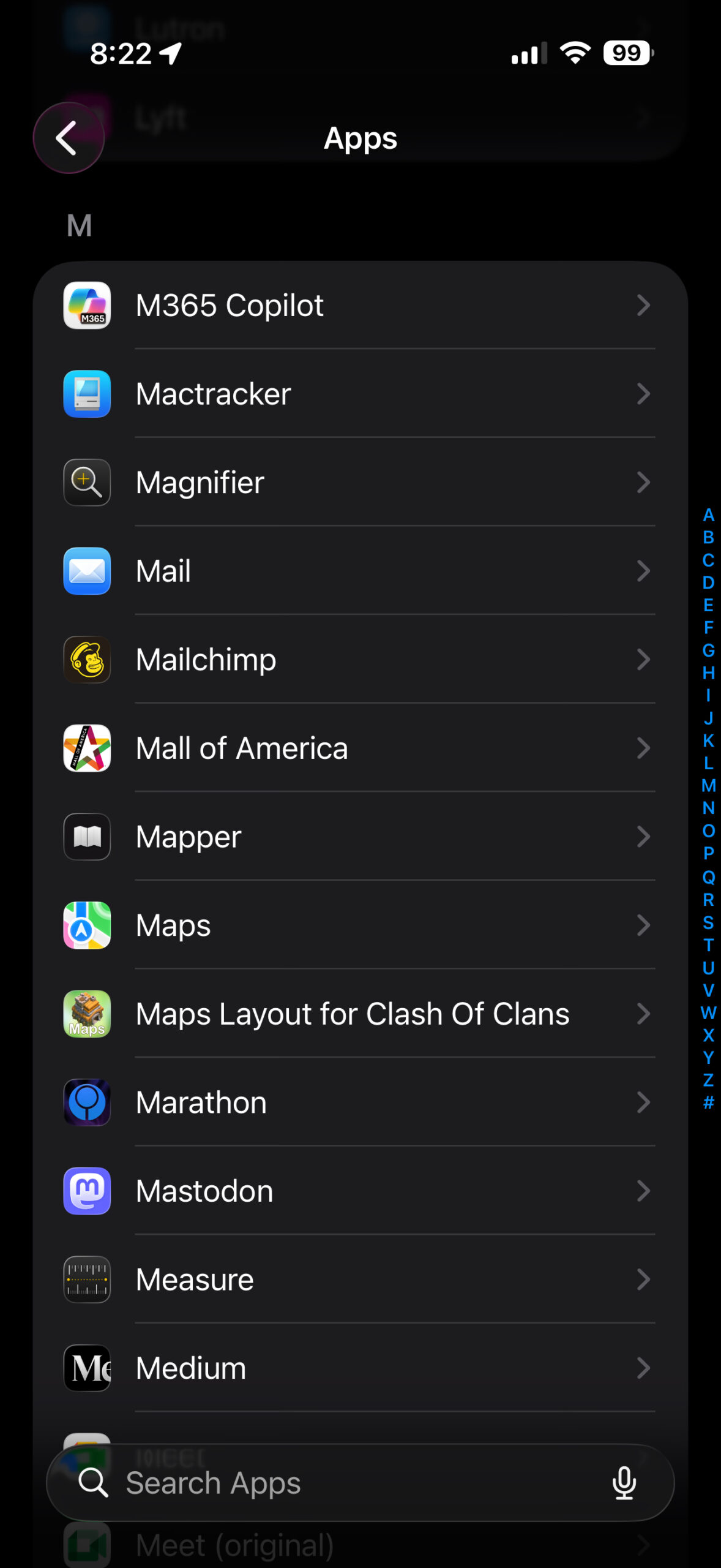 Apps list scrolled to M section showing Mail option