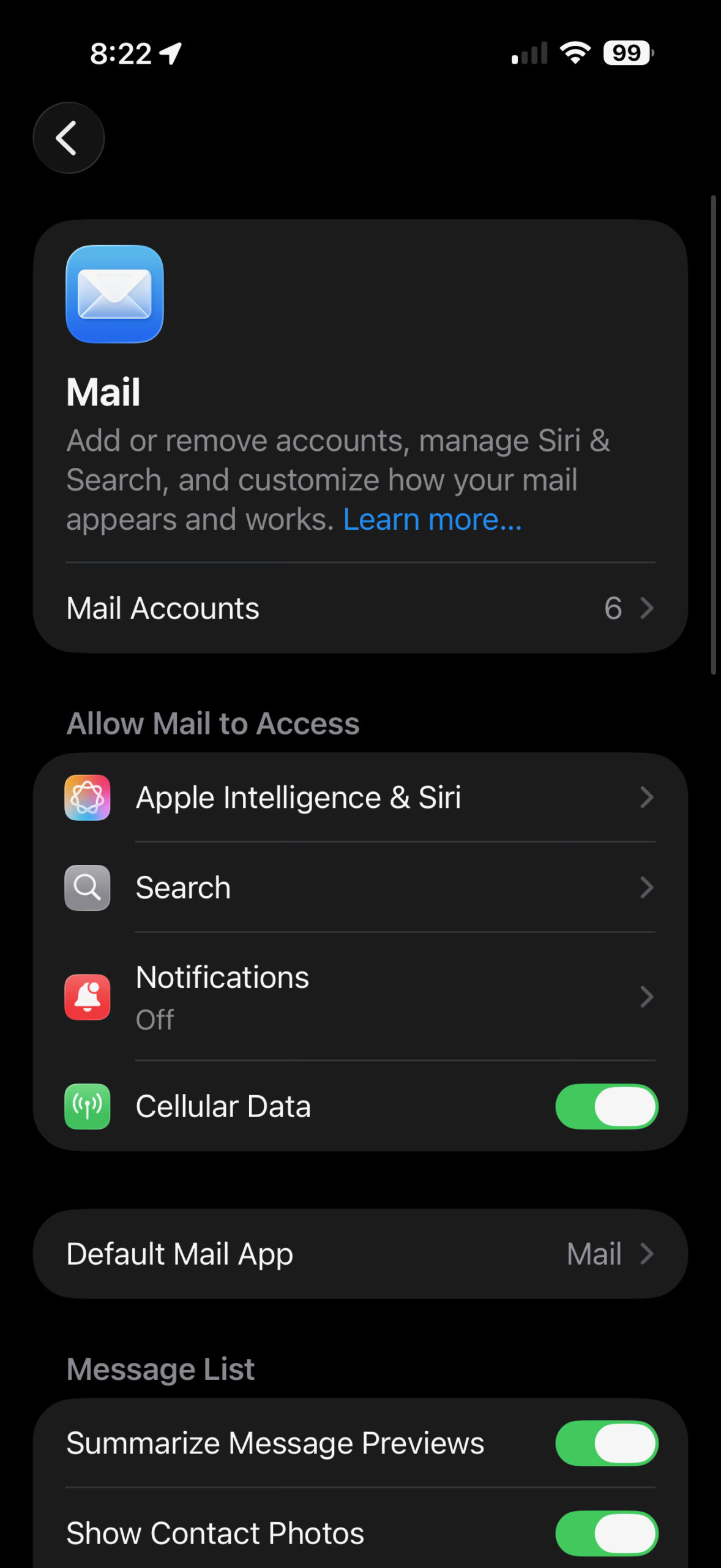 Mail settings screen with Mail Accounts option at top