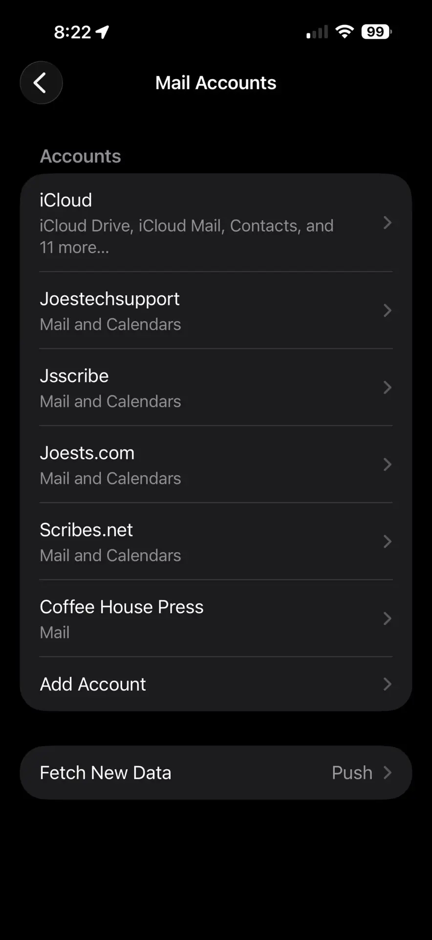 Mail Accounts list showing multiple email accounts and Add Account option
