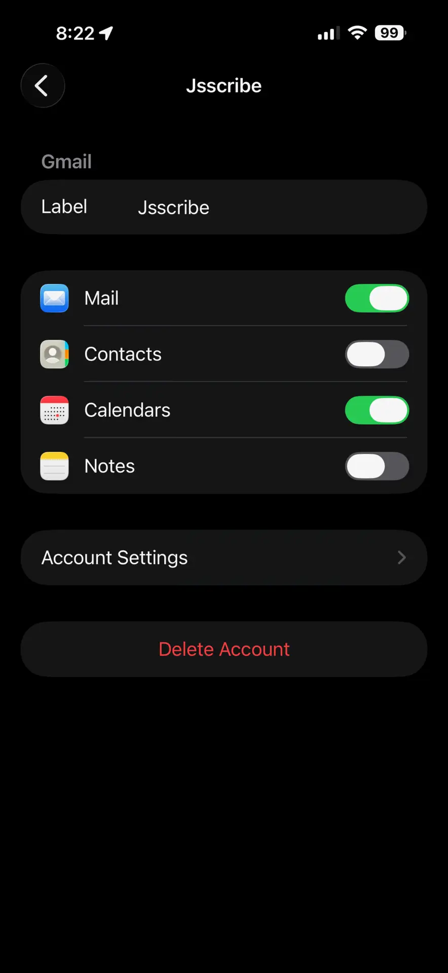 Gmail account settings showing toggles for Mail, Contacts, Calendars, and Notes